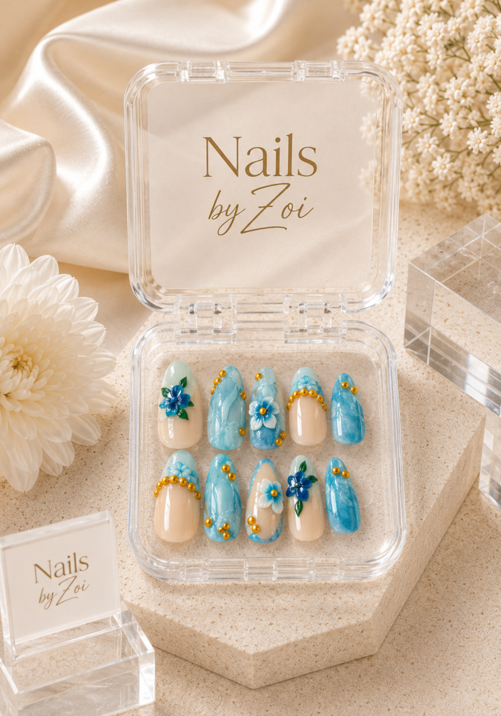 Blue Marble Floral press-on nail set