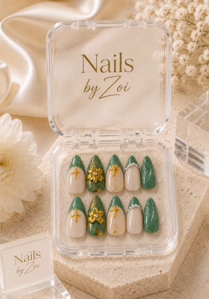 Sage Green & Gold Floral press-on nail set