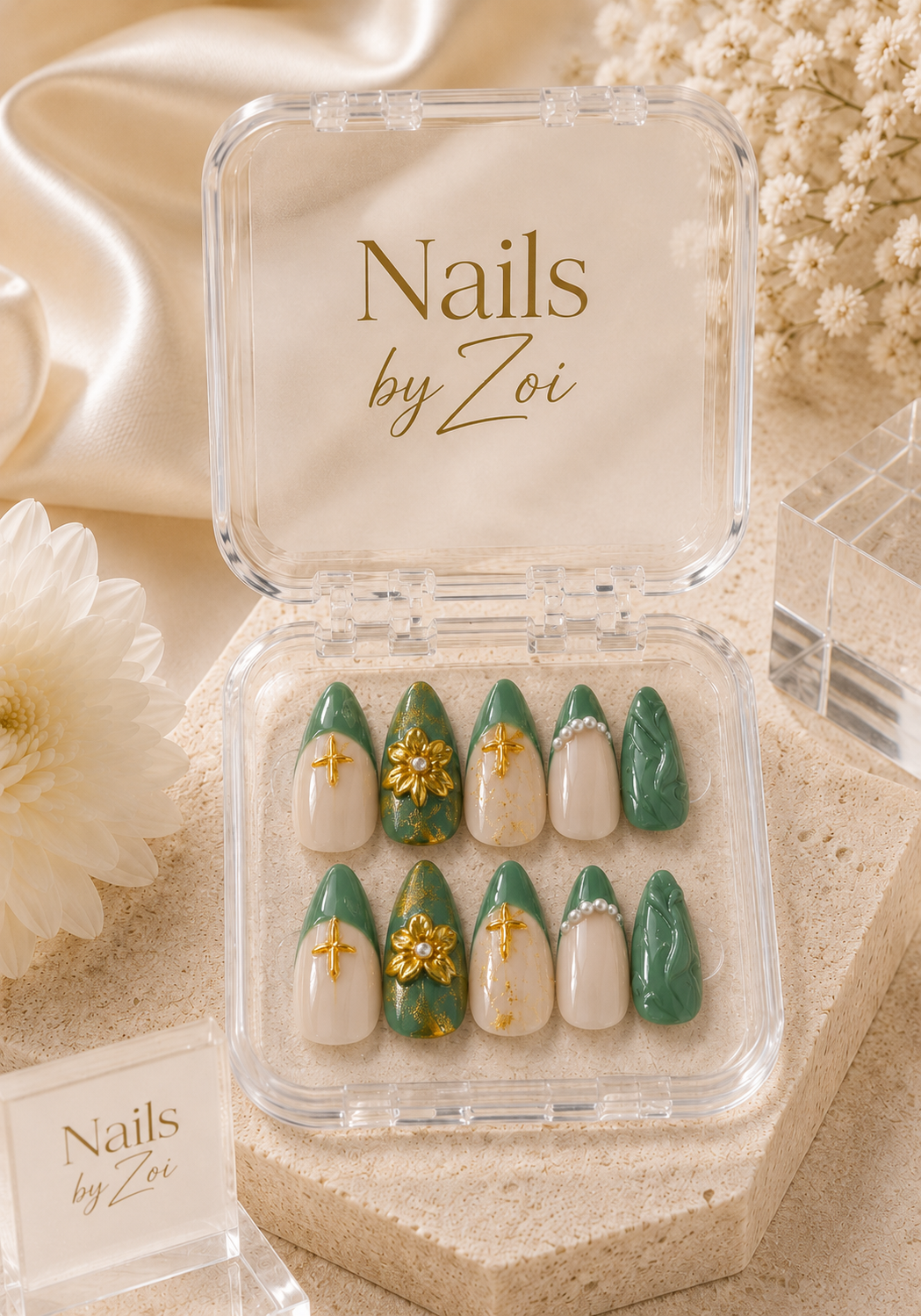 Sage Green & Gold Floral press-on nail set
